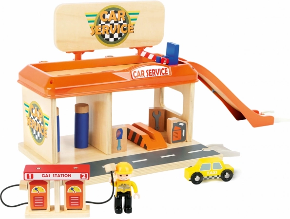 Houten autoservice en tankstation voor kinderen met accessoires