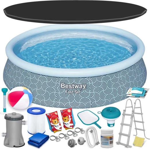 Opblaasbaar zwembad BESTWAY Fast Set 457 × 107 cm met rattanmotief – familieset 18-in-1