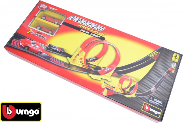 Bburago Ferrari Race & Play racebaan met dubbele lus met 2 auto’s en draagbare box 1:43