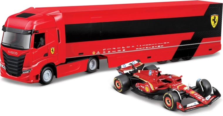 Bburago Ferrari race-truck Iveco met oplegger en F1 Ferrari SF-24 2024 (Charles Leclerc) 1:43