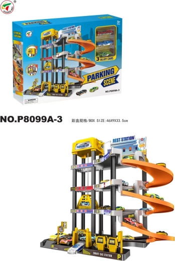 Parkeergarage met meerdere verdiepingen, tankstation en accessoires