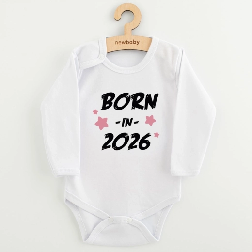 New Baby babyromper met opdruk Born in 2026 pink, lange mouw, maat 68