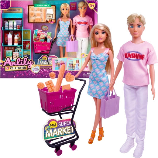Poppenset voor de supermarkt met winkelwagentje