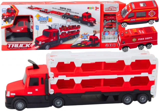 Vrachtwagentransporter 2-in-1 met uitschuifbare racebaan, licht en geluid – rood