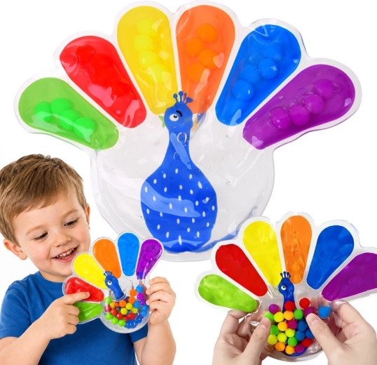 Sensorisch knijpspeeltje fidget pauw met gekleurde balletjes - 1 stuk