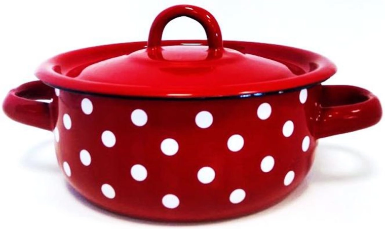 Gecoate pan met deksel 1,5 l – rood met stippen