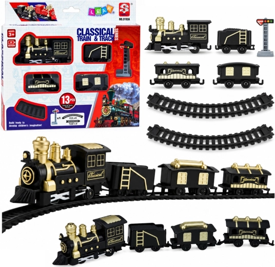 Klassieke batterijtrein met locomotief, wagons en rails – 13 delen