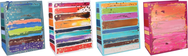 Cadeautas M 26 × 32 × 10 cm – het hele jaar door, gekleurde strepen en gouden accenten