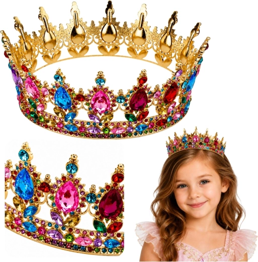 Gouden metalen kroontje voor een prinses met kleurrijke kristallen (12,5 cm)