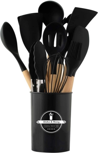 Set van siliconen keukentools met houten handgrepen, 12-delig