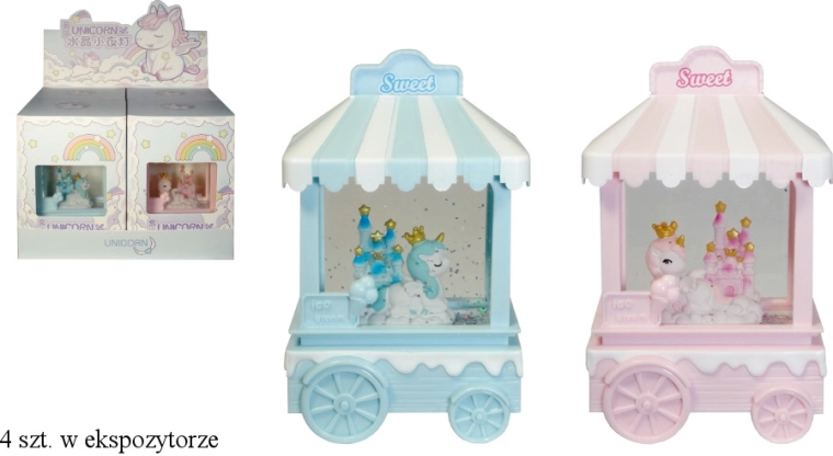 Lantaarn met wervelende glitters op batterijen – kinderwagen met eenhoorn