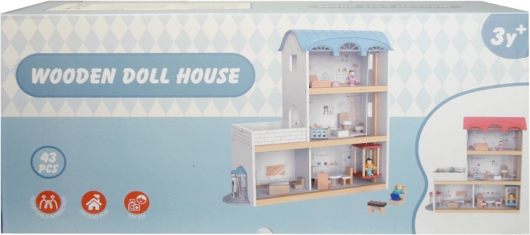 Houten poppenhuis met lift en meubels