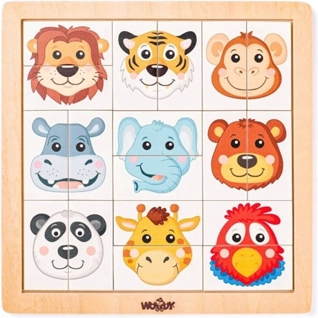 Woody houten puzzel met exotische dierenkoppen, 18 stukjes