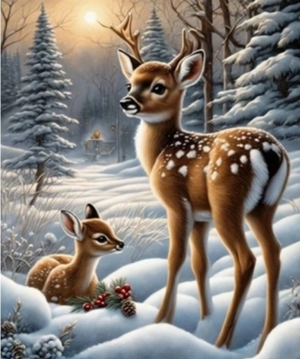 Diamant schilderen hertjes in een besneeuwd bos 30 × 40 cm