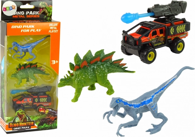 Dinosaursset met terreinwagen en raketlanceerder – blauw