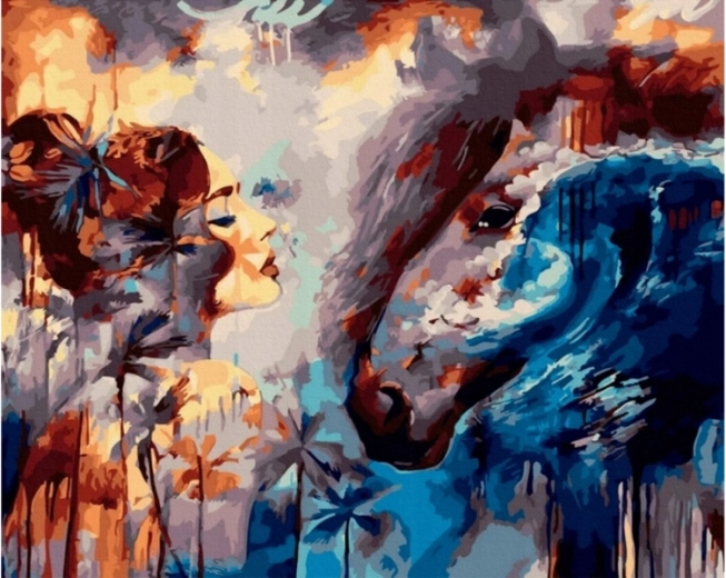 Schilderen op nummer op canvas in lijst 50 × 40 cm Uitzicht – vrouw en paard