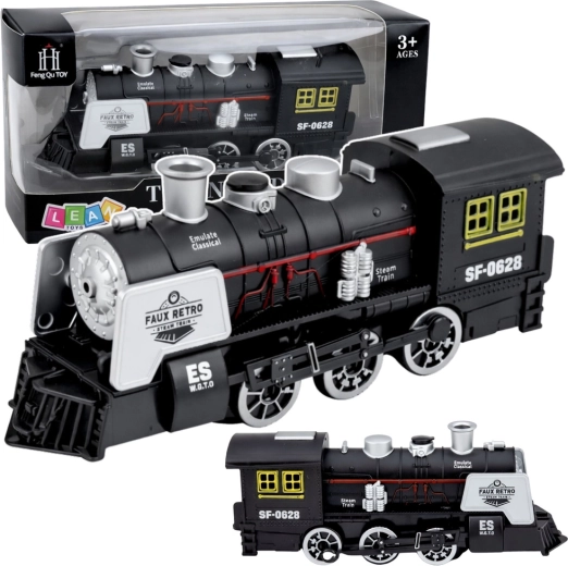 Klassieke zwarte stoomlocomotief met geluiden, rook en obstakelsensor