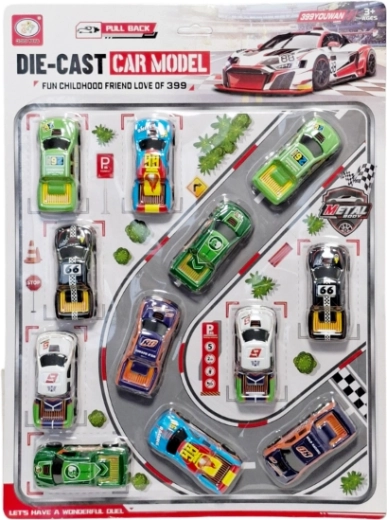 Set metalen raceautootjes met accessoires (12 stuks)