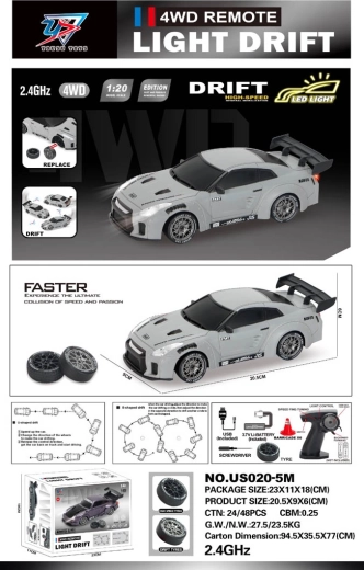 R/C driftauto 1:20 met verlichting grijs - 1 stuk
