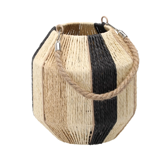 Boho lantaarn met gestreept patroon en glazen inzet, hoogte 23–25 cm