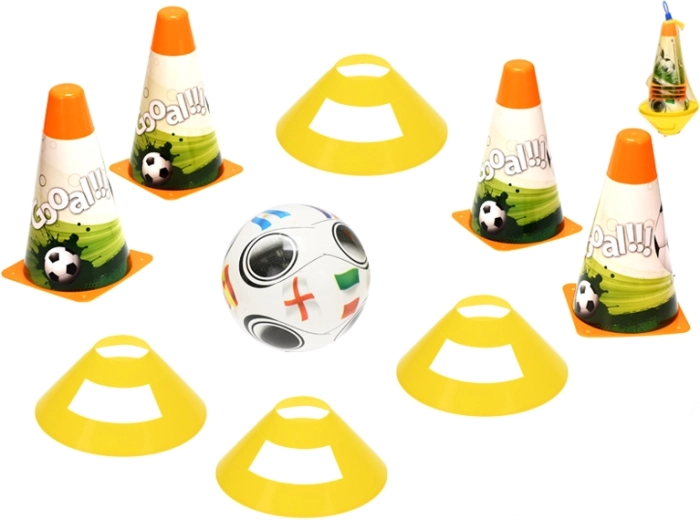 Kinder voetbaltrainingsset met pionnen, markeringsschijven en bal 12 cm