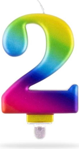 Kaars cijfer 2 prikker regenboog 7,5 cm