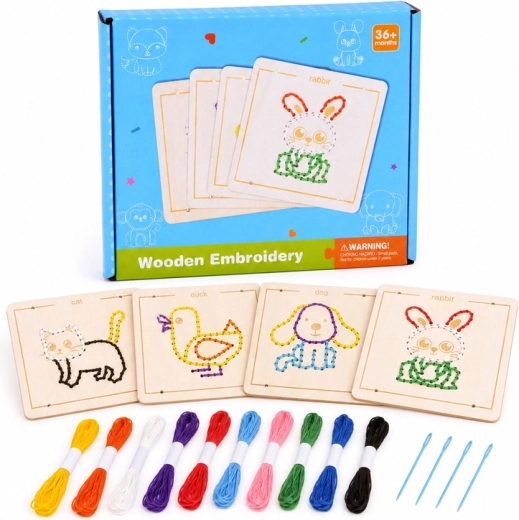 Houten Montessori rijg- en naaispeeltje voor kinderen – set van 4 dieren met borduurgaren