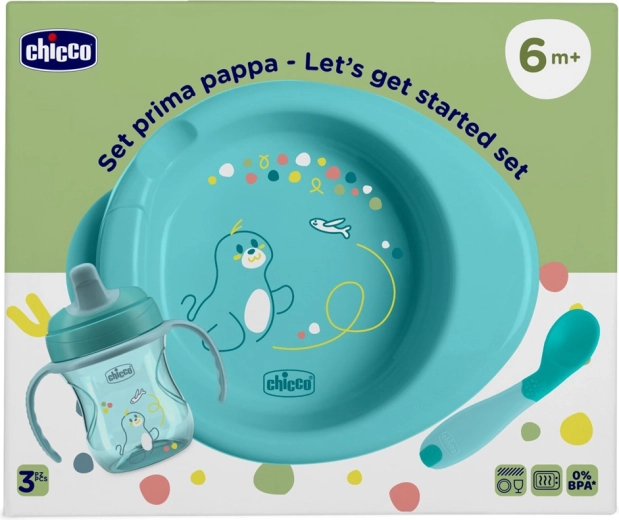 Chicco startset voor voeding – bord, oefenbeker en lepel blauw 6m+