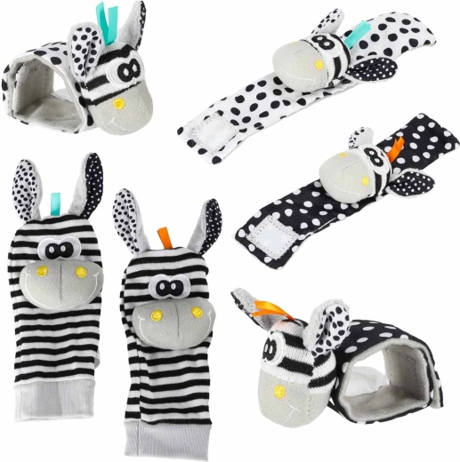 Rammelende babysokjes en armbandjes met zebramotief - 4 stuks