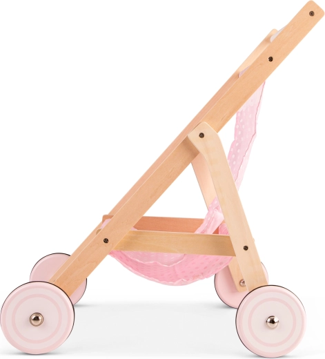 Houten poppenwagen met roze bekleding