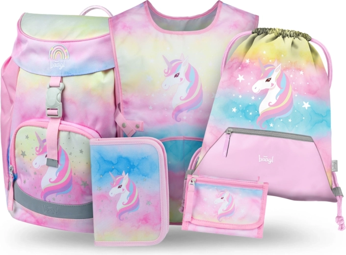 Baagl set 5 Airy Rainbow Unicorn – schoolrugzak, etui, gymsack, schort en portemonnee