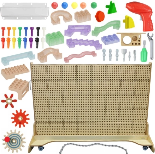 Masterkidz vrijstaande STEM-muur met accessoires, pinnen, dienbladen, blokken en gereedschap