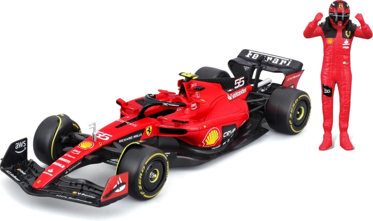 ferrari f1 sf-23 1:24 met coureursfiguur en vitrinekast van bburago