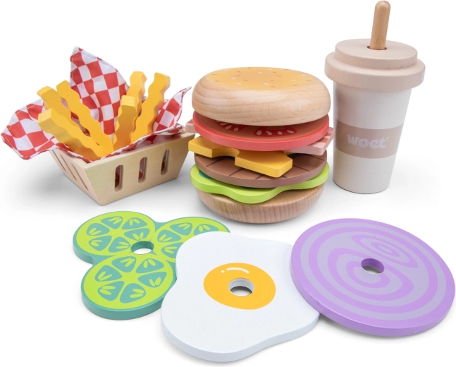 Houten fastfoodset – hamburger, frietjes en milkshake