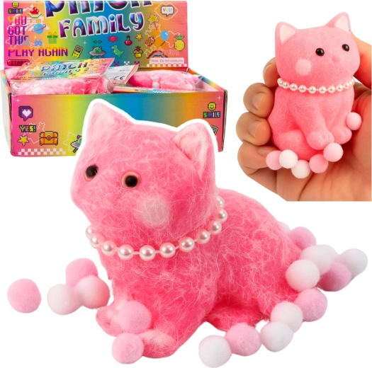 Zachte antistress squishy katje met pareltjes en pompons, roze 8 cm