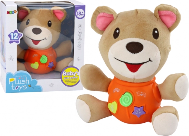 Interactieve pluchen teddybeer – oranje, spelend en pratend, 23 cm