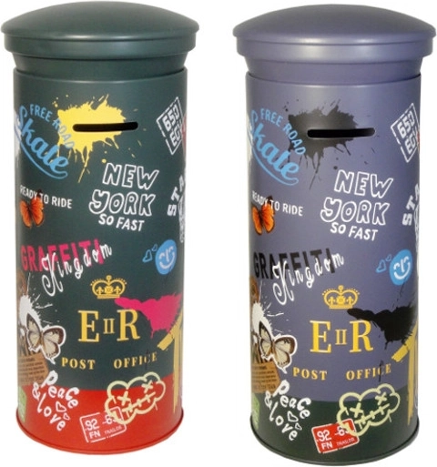 gekleurde metalen spaarpot voor kinderen met stads thema