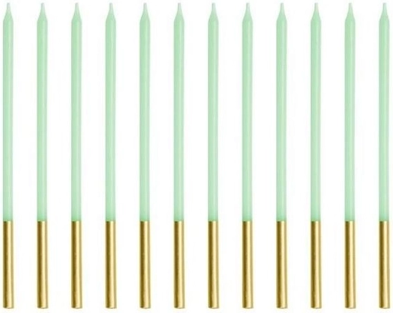 Elegante gladde lichtgroene verjaardagskaarsjes met gouden houdertje 14 cm (12 stuks)