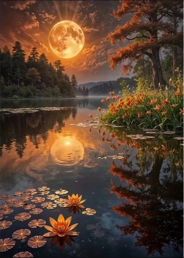 Diamantschilderen Volle maan boven het meer 30 × 40 cm