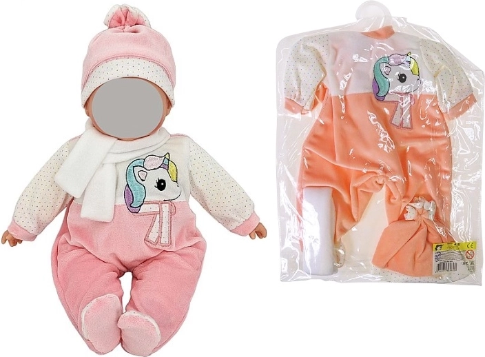 Poppenkleding voor pop van 45 cm – roze overall met eenhoorn, mutsje en sjaal
