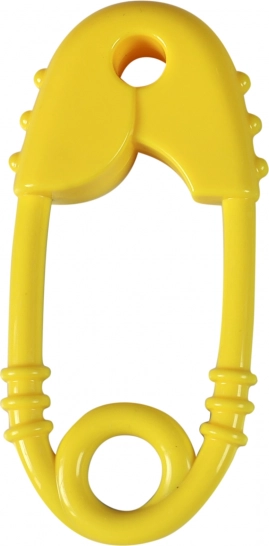 Rammelaar en bijtring in de vorm van een veiligheidsspeld voor baby’s