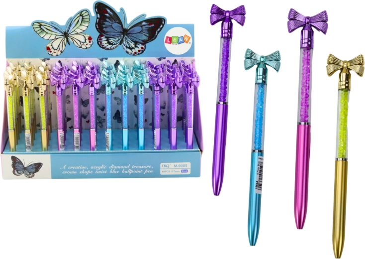 Balpen met strikje en kristallen, blauwe vulling 0,7 mm