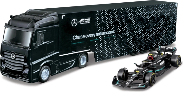 Bburago trekker met oplegger voor F1 en model Mercedes-AMG Petronas W15 (2024) George Russell 1:43