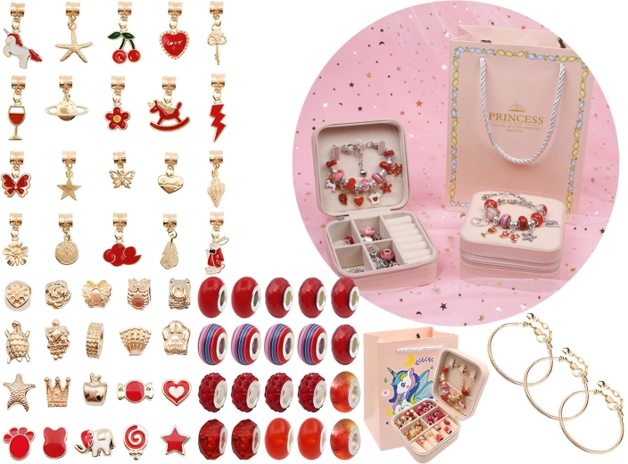 Set voor het maken van sieraden en armbanden met bedels en kralen in rode tinten