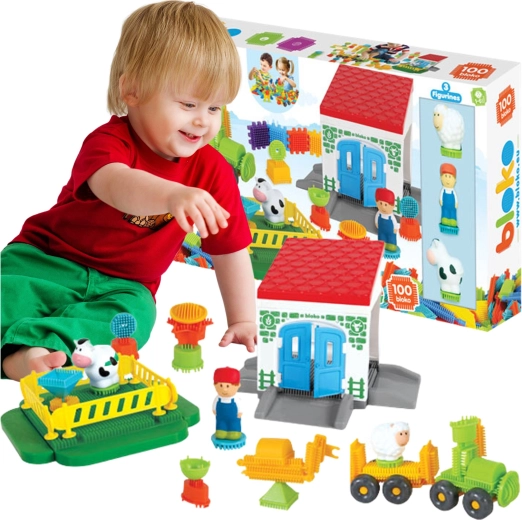 Mochtoys Blokjes Pin Bricks Boerderij in doos 100 stuks + 3 figuren