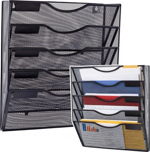 Metalen wandorganizer voor A4-documenten, 5 vakken, zwart