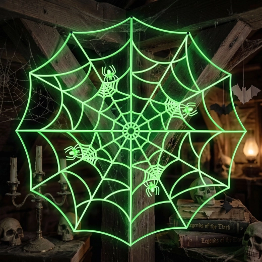 Fosforescerende hoekdecoratie in spinnenwebvorm, groen, 30 × 30 cm – 4 stuks