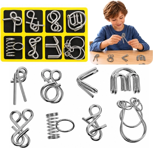 Metalen draadvormige denkpuzzels met geel bord - 8 stuks