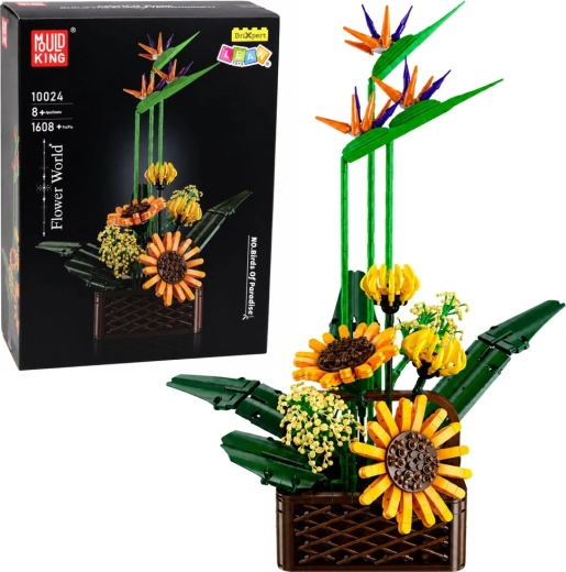 Bouwset bloemencompositie met strelitzia en zonnebloemen in bloempot – 1608 onderdelen