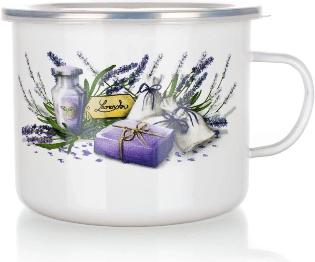 Emaillen mok Lavender 1,4 l met plastic deksel, diameter 14 cm